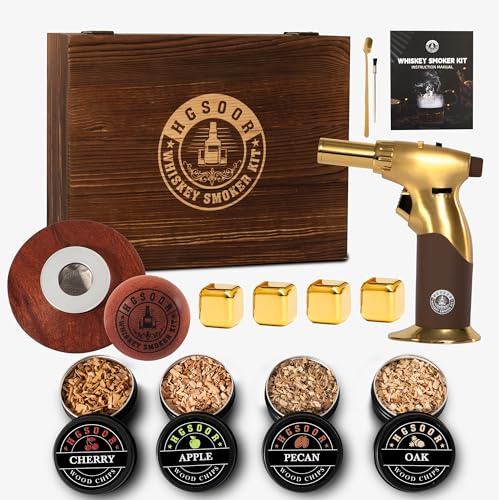 Hgsoor Whiskey Smoker Kit - Old Fashioned Drink Smoker Kit - Cocktail Smoker Kit with Torch, 4 Flavors Wood Chips&Whisky Stones, Bourbon Smoker Kit, Bourbon Whiskey Gifts for Men,Dad (No Butane)