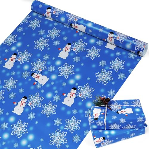 Blau Geschenkpapier Weihnachten Große Rolle, 43cm x 15m Blau Weihnachtsgeschenkpapier für Kinder Jungen, Niedlich Schneeflocke Schneemann Geschenkpapier für Weihnachten Winterurlaub Neujahr