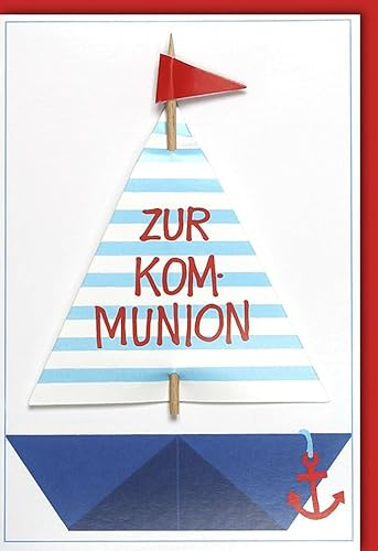 Verlag Dominique Glückwunschkarte zu Kommunion Applikation Boot mit Segel und Fahne - mit Umschlag