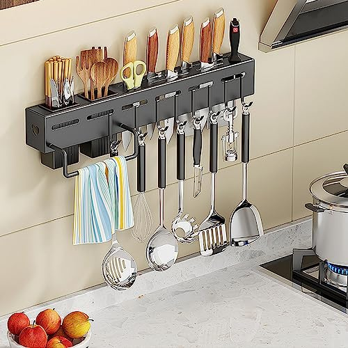 Felenny Knife Holder Stainless Steel Knife Block Rack Includes 8 Hooks Chopsticks Holder No Punching Wall Mounted Kitchen Cookware Storage Stand Kitchen Countertop Storage Black