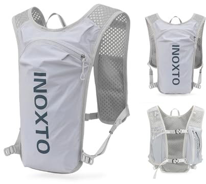 INOXTO Laufrucksack 5 l – leichter Trinkrucksack mit reflektierenden Streifen, atmungsaktives Netz für Outdoor, Marathon, Radfahren, Bergsteigen, Herren und Damen (Hellgrau mit Dunkelblau)