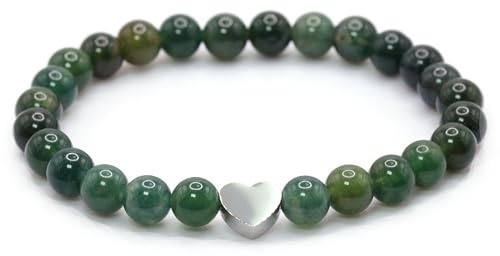 Echtes Edelstein Armband mit 6mm Perlen und Edelstahlherz - verschiedene Längen - Heilstein Schutzstein Talisman Glücksbringer Geschenk