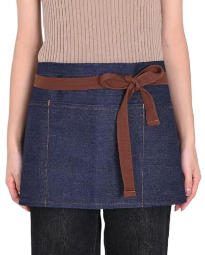 Denim Apron Waitress Waiter Waist Apron with 3 Pockets Adjustable Gardening Half Chef Aprons with Long Strap Tabard for Women Bistro Restaurant Work Cooking Aprons 23 * 11 In Kitchen Baking Tabard