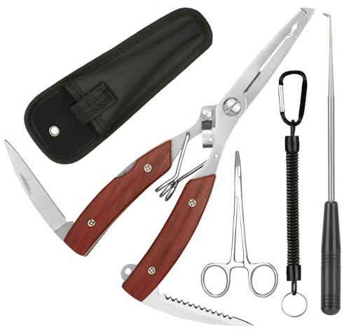 Annyswit 3 Pcs Ensemble de Pince à Pêche Portable avec Lanière & Forceps Courbés & Outil de Désinsertion & Étui Outils Multi Fonction Pince de Pêche Retire-Hameçons Coupe-Ligne (Rouge)