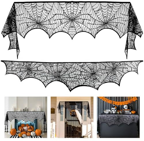 Wzone 45 x 248 cm - Tela ragnatela per Halloween - Decorazione per caminetto, in pizzo nero, spaventosa decorazione per porta, carnevale, Halloween, festa