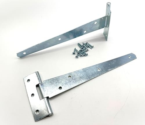 2PK 200mm Zinc Tee Hinges with Fixings. 8 T-Hinges for Garden Gates, Sheds and Doors. Strong Steel Construction, Corrosion and Weather Resistant. External Hinge Pack of 2 with Screws.