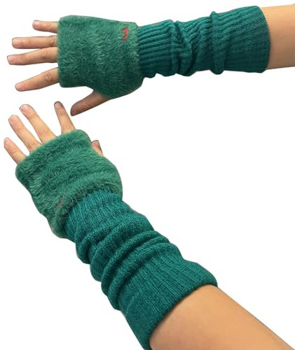 DINSOAVR Armstulpen, fingerlose Handschuhe für Damen, modisch, Stricken, Armstulpen, dekorative Handschuhe für Teenager, Mädchen, lässige Plüsch-Handhandschuhe, dunkelgrün, See dimensional drawing