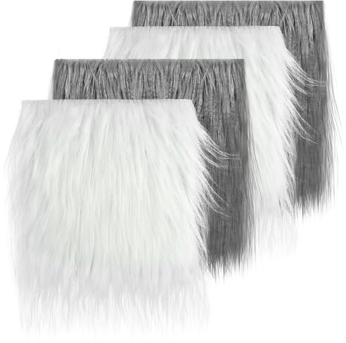 Kunstfellstoff 25 x 25 cm, 4 Stück Langhaarplüsch zum Basteln, Kunstfell zum Basteln, Quadratischer Kunstpelz Stoff, Plüschstoff für Wichtelbart (Ash, Weiß)