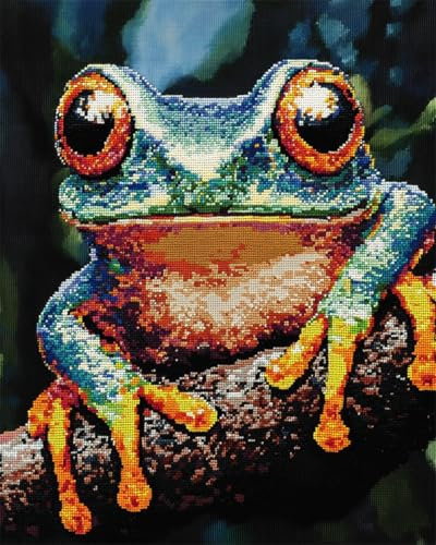 N.LANSHAN Diy Teppich Diy Set Frosch Auf Dem Baum Knüpfhaken-Kissen-Set，Cartoon-Tiere，Diy-Teppichherstellung，Basteln Mit Farbig Bedruckter Leinwand，Häkel-Stickerei，Teppich-Set，Heimdekoration 60x90cm