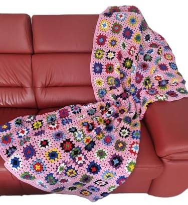 Patchwork Decke 120x200, rosa, XXL, Tagesdecke, Plaid, gehäkelt, Granny Square, Handarbeit, Vintage Look