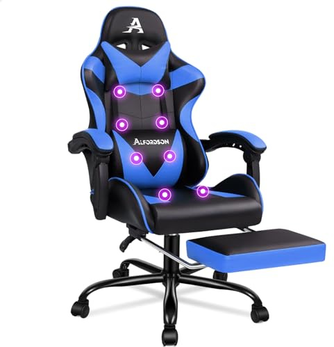 ALFORDSON Gaming-Massagestuhl, Racing-Stuhl mit Kopfstütze, ergonomischer Schreibtischstuhl, Liegesessel, klappbare Fußstütze, atmungsaktives PU-Leder, höhenverstellbar, 180 kg Tragkraft, Blau