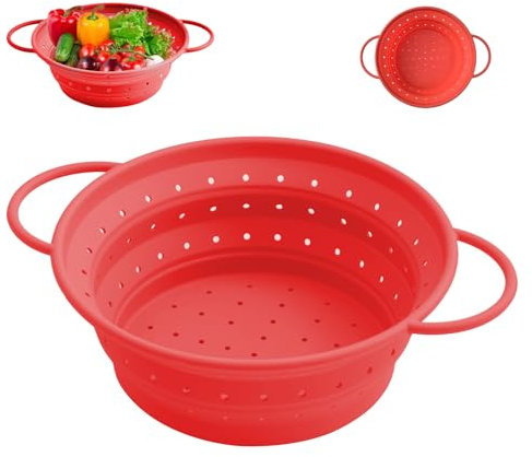 Passoire Pliable Silicone, 25 cm Passoire de Cuisine, Passoire D'égouttage, Passoire à Pâtes, Bassin Filtrant Pliable pour la Cuisine, pour Laver les Légumes et les Fruits, Rouge