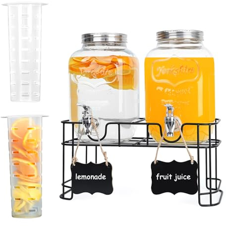 2-Pack 1 Gallon Glass Drink Dispensers for Parties - Leak-Proof Beverage Dispenser with Stand, Spigot, Ice Cylinder & Chalkboard Labels - Perfect for Lemonade, Iced Tea, and Party Drinks