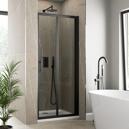 Luxura® 760mm Bifold Folding Shower Door Screen for Wet Room Cubicle Enclosures, 6mm Safety Glass Space Saving, Framed, Black