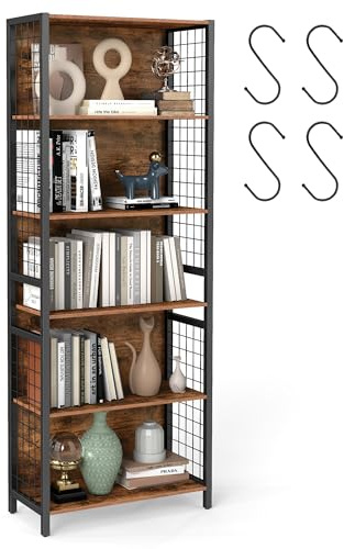 VASAGLE Bücherregal, Büroregal, Küchenregal, Standregal mit 6 Ablagen, 4 S-Haken, 30 x 60 x 175,6 cm, für Büro, Wohnzimmer, Arbeitszimmer, vintagebraun-tintenschwarz LLS171K01