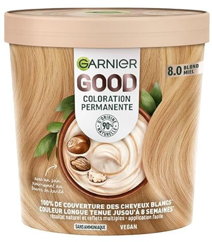 Garnier - Permanente Haarfarbe – ohne Ammoniak – 90% Inhaltsstoffe natürlichen Ursprungs – Sheabutter – 100% Abdeckung für weißes Haar – GOOD Honigblond 8.0