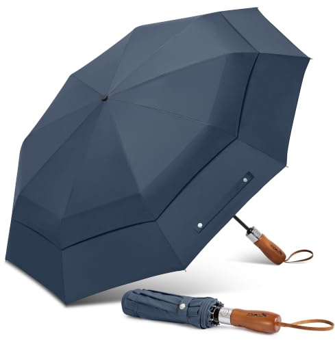 ZOMAKE Umbrella, Compact Umbrella Windproof Strong,Travel Umbrella Portable Foldable Brolly with Wooden Handle Automatic Folding for Women Men,53IN (Navy Blue)