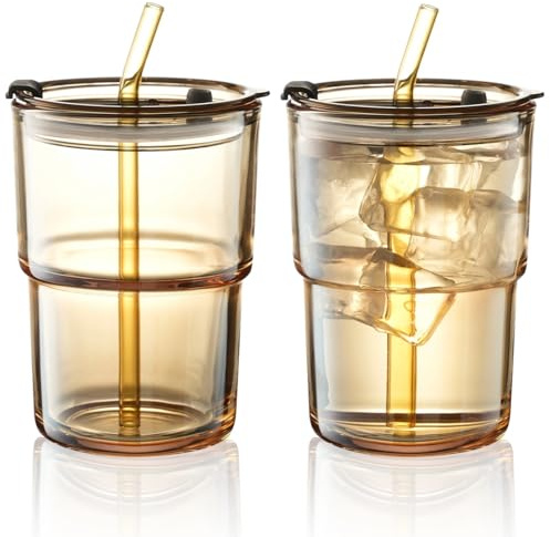 Wynthex 2 Stück 400ml Trinkbecher mit Deckel und Strohhalm, Luftdicht Wasserdicht Design Glasbecher Set, Glas Smoothie Becher für Cappuccino, Latte, Tee, EIS, Eistee, Iced Americano, Milch, Saft