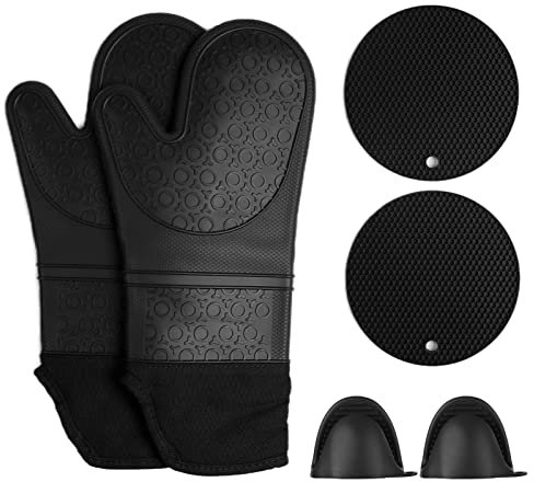 Gants en silicone tolérants à la chaleur | 260 °C contre les brûlures pour la pâtisserie/grillage/cuisine | Gants de cuisine épais avec 2 pinces à main et coussinets | Passe au lave-vaisselle (noir)