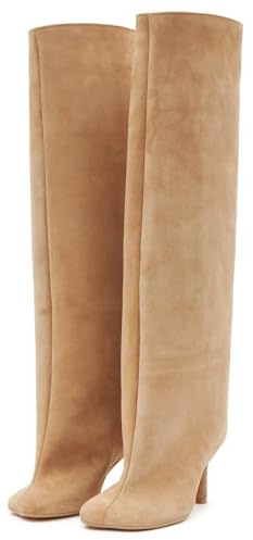 UBWDU Wide Calf Knee High Boots Women Tall Boots Suede Square Toe Stiletto Suede Boots High Heel Long Booties Nude 12