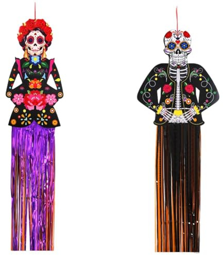 HiyyFloy 2 Pezzi Messico Giorno dei Morti Cartelli Dia De Los Muertos Benvenuto Bandiera Appendere Coppia di Scheletri Striscione per Porta di Halloween