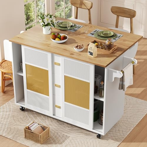 LAKFEW Isla Cocina con Ruedas y Encimera Plegable, Isla de Cocina con 2 Puertas Correderas y 3 Cajones, Aparador Cocina con Estante Ajustable y Toallero, Kitchen Island, 146.85x42(70) x93 cm, Blanco