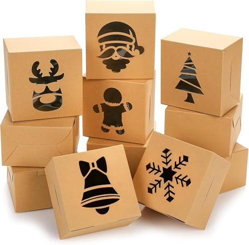 18 Stück Weihnachts Kekskästen Boxen,Weihnachtskeks Keksbox,Weihnachten Geschenkbox,Weihnachtsgeschenkboxen aus Kraftpapier,Keksschachtel Weihnachten mit Sichtfenster,für Gebäck,Muffins,Macarons