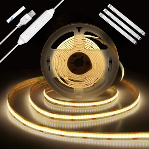 Enteenly COB LED Streifen 2 m, USB 5V TV Hintergrundbeleuchtung mit Dimmer und Memory-Funktion, Punktfreie LED Lichtleiste für TV Bias Lighting, Schrank- und Ambientebeleuchtung, 4000K