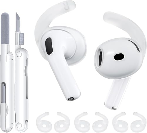 TNSNK 4 Pairs Anti-Slip for AirPods 5:e/4:e Gen Ear Tips Hooks, Transparent | with Cleaning Pen/Carabiner/Storage Pouch, Fits All Ear Shapes, Silicone, Soft, Skin-friendly, Comfortable to Wear