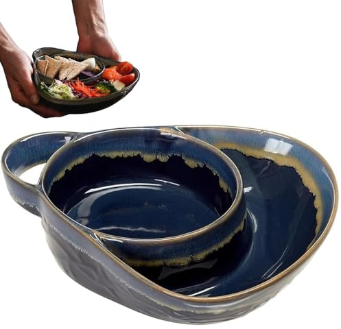 Accmuzzy Soup Bowl,Dark Blue Ceramic Soup Bowls with Handles and Bread Plate,Fan Shape Personalized Bowl,Retro Stoneware Heat-Resistant Breakfast Bowls,Perfect for Salad,Dessert,Fruit
