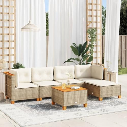 LoogCape 6-TLG. Trädgårdssoffa, beige poly rotting utomhusmöbler set med kudde, modulär loungesoffa för terrass, balkong och trädgård