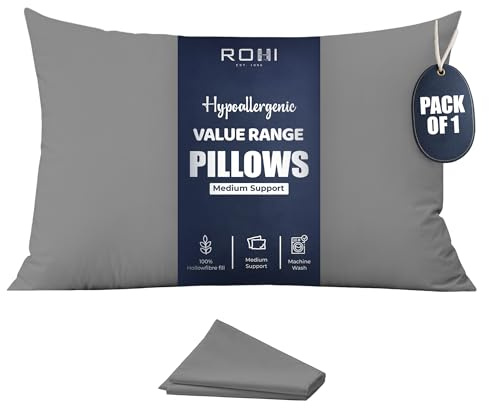 Rohi Value Range Pillows 1 Pack with Grey Microfibre Pillowcases | Neck Support Hypoallergenic Pillow | Breathable Medium Firm Pillows for Back, Front & Side Sleepers | UK Made 45 × 66 cm