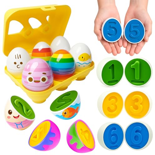 Toyana Matching Eggs Baby Toy – Box of 6 Eggs (12 PCS) with Colourful Numbers Montessori Stacking Shape Sorter & Sensory Toy Fine Motor Skills Toy for Toddlers 6 Months Plus