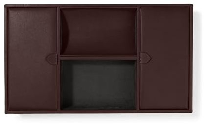 Leatherology Brown Deluxe Valet Tray – Jewelry & Watch Organizer with Covered and Open Compartments, Microsuede Lining – Elegant Catchall for Bedroom, Closet or Bathroom