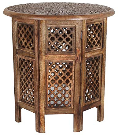 Casa Moro Orientalischer Beistelltisch Hamza Ø 52 cm rund H 54 cm aus Mango Massivholz braun handgeschnitzt | Handmade Couchtisch Vintage Sofatisch | NH-5326-A