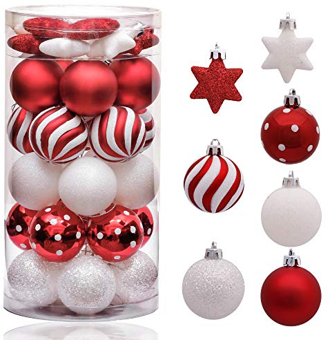 Victor's Workshop Weihnachtskugeln 35tlg. 5cm Plastik Christbaumkugeln Set, Weihnachtsbaumschmuck Dekoration Christbaumschmuck für Feierlichkeiten, Haus Dekoration Oh Hirsch Thema Rot Weiss