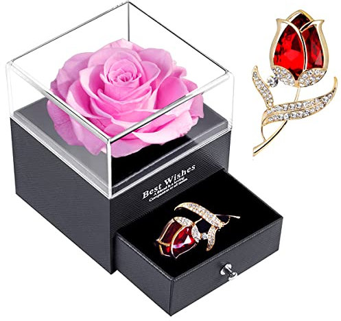 Forever Pink Rose Jewelry Gift Box, Enchanted Real Rose with Ruby Brooch, Eternal Handmade Preserved Rose Flower for Women,Wife, Girlfriend on Valentine's Day, Birthday, Mother's Day.