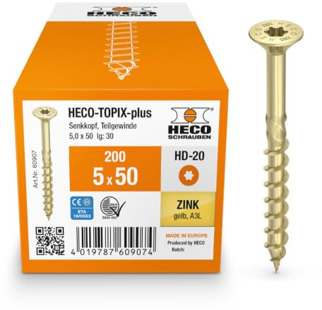 HECO-TOPIX-plus Holzschraube 5 x 50, Senkkopf mit Frästaschen, HECO-Drive, HD-20, Teilgewinde, verzinkt gelb, A3L, 200 Stück