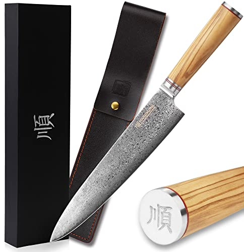 YOUSUNLONG Cuchillo de chef de 25,5 cm (25,5 cm) de acero de damasco súper afilado, mango italiano de madera de oliva con funda de cuero