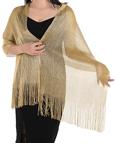 ASTER Stola für Abendkleid Damen Festlich Umschlagtuch Umhang Shawl Funkelnde Metallische Schals Schnalle Abendkleid Damen Schal für Abend Brautjungfer Geschenke (Gold)