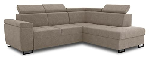 Sofnet Ecksofa Natan mit Schlaffunktion und einstellbare Kopfstützen - Wohnlandschaft mit Metallfüßen, Couchgarnitur, Bettkasten, Sofagarnitur, Sofa (Ecksofa Rechts, Beige (Paros 02))