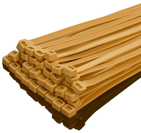 XINGO 100 Stück Kabelbinder strapazierfähig, Premium-Nylon-Kunststoff-Drahtbinder mit 50kg Zugfestigkeit, selbstsichernde Nylon-Kabelbinder für drinnen und draußen (350mm x 7.6mm, Gold)