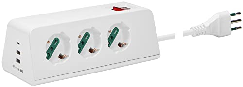 Vimar 00608.CC.B Presa multipla da scrivania con interruttore automatico di protezione e cavo 2m, 3 uscite SICURY universali standard italiano, 2 uscite USB A e 1 uscita USB C, spina 10A, bianco