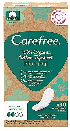 Carefree Trosinsats 100% ekologisk bomull topplakan normal (30 stycken), tillverkad av 100% certifierad ekologisk bomull för en naturlig, fräsch känsla, storlek normal