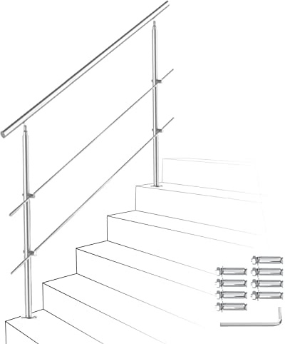 Izrielar Rampe d'escalier 150 cm en acier inoxydable avec 2 traverses - Rampe d'angle réglable - Pour l'extérieur et l'intérieur