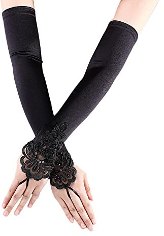 Duories Damen Fingerlose Handschuhe Lange Satin Handschuhe Handschuhe Elegant Arm Gloves Abendhandschuhe Fingerlos für Hochzeitsfeiern,Maskerade-Partys,Brautpartys,Teepartys,Cocktailpartys,Schwarz
