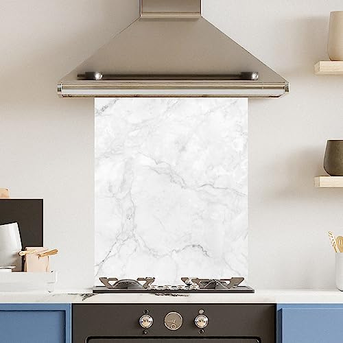 Premium 60 cm x 75 cm White Marble Glass 6mm Kitchen Splashback Heat Resistant Toughened Polished Edges - Back Splash Back Coloured Hob Painted Tempered Splashback