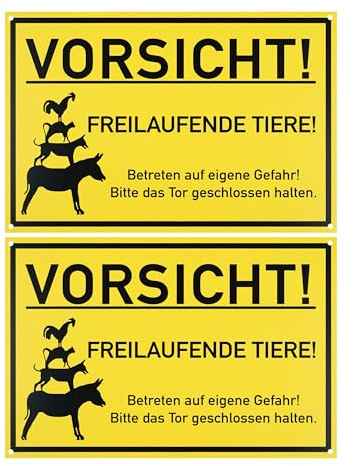 Hinweisschild VORSICHT! FREILAUFENDE TIERE!, 2 Stück, 30 x 20 cm, 1 mm PVC Schild mit Bohrlöchern, Vorsicht Haustiere Schilder, Hinweis Tiere Garten, Tor geschlossen halten, Warnschild Eintritt