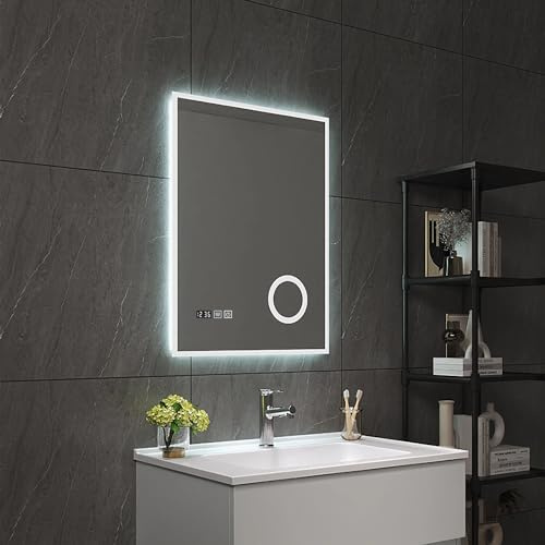 pro.tec Miroir LED pour Salle de Bain Miroir Mural Lumineux avec Interrupteur Tactile Anti-buée Loupe 3X Horloge Température Aluminium Verre 5 mm 80 x 60 cm Blanc