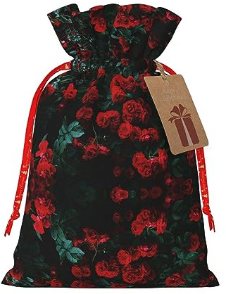 ZISHAK Rote und schwarze Rose zarte Jute-Geschenktüte mit Kordelzug, handwerklicher Stoff, Geschenktasche, perfekt für Weihnachten